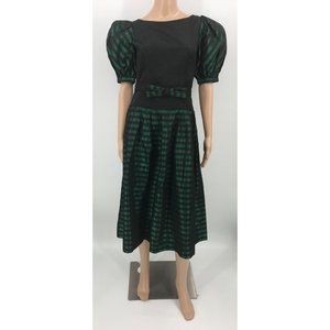 Vintage 80s Lanz geen and black striped short puff sleeve dress bow belt Size 4